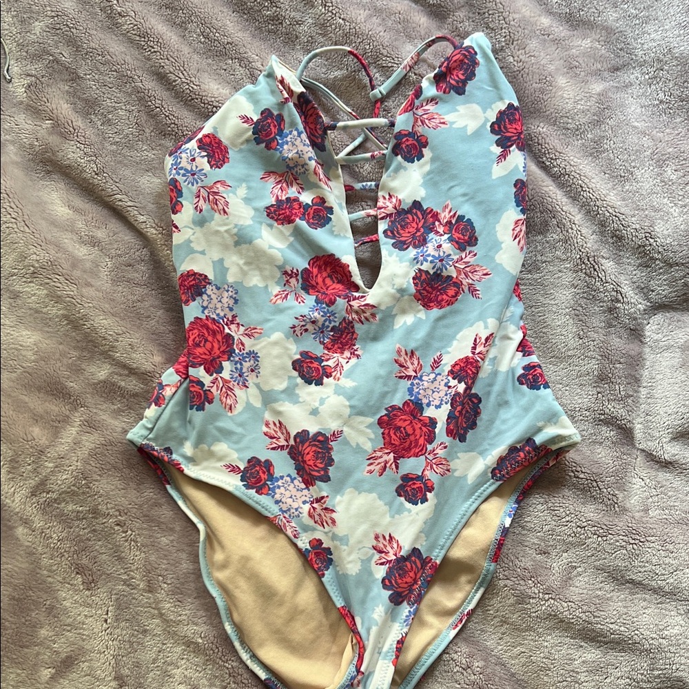 Vanilla/Beach Floral Lace-Up One Piece - Light Blue and Red